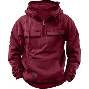 Tactical Hoodie for Men Quarter Zip Cargo Pullover Outdoor Red Sweatshirt
